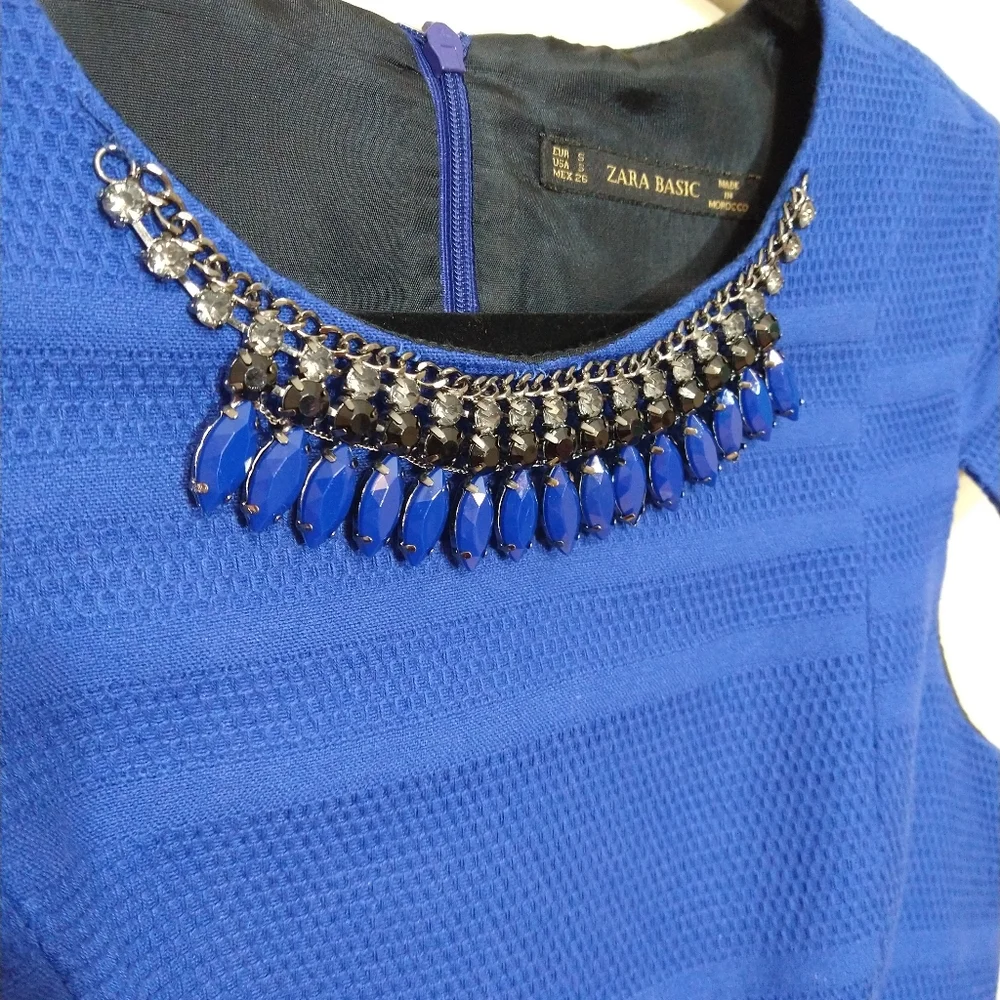 Zara Basic Royal Blue A-Line Structured Cocktail Dress With Jewel Neckline Small - Picture 7 of 14